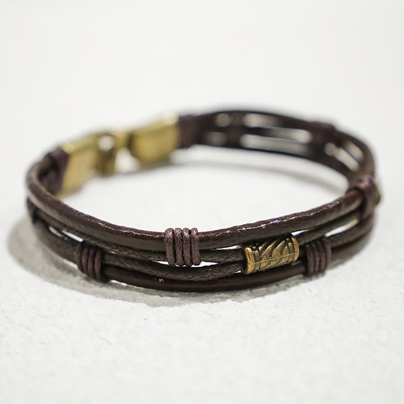 Pulsera de cuero vintage con Buddha Stones, pulsera con capas de cuerda marrón
