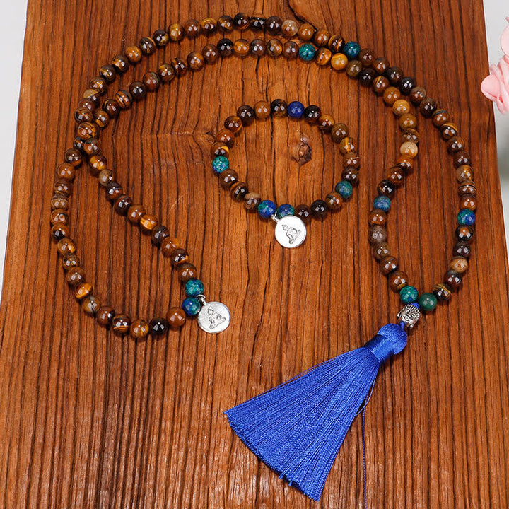Buddha Stones 108 cuentas Mala, ojo de tigre, pulsera de fuerza de Buda, colgante de collar con borlas