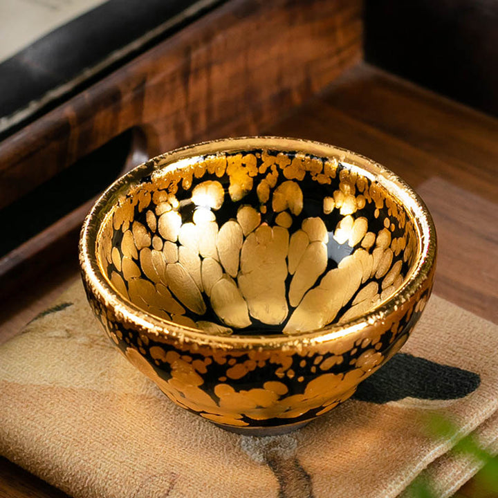 Taza de té de cerámica Jianzhan chino con diseño de manchas de oro de 24K, Buddha Stones , tazón de taza de té de Kung Fu con caja de regalo