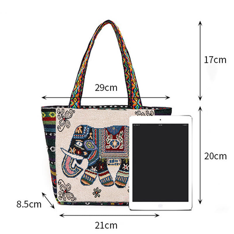 Bolso bandolera de lona de gran capacidad con bordado de mariposa y elefante