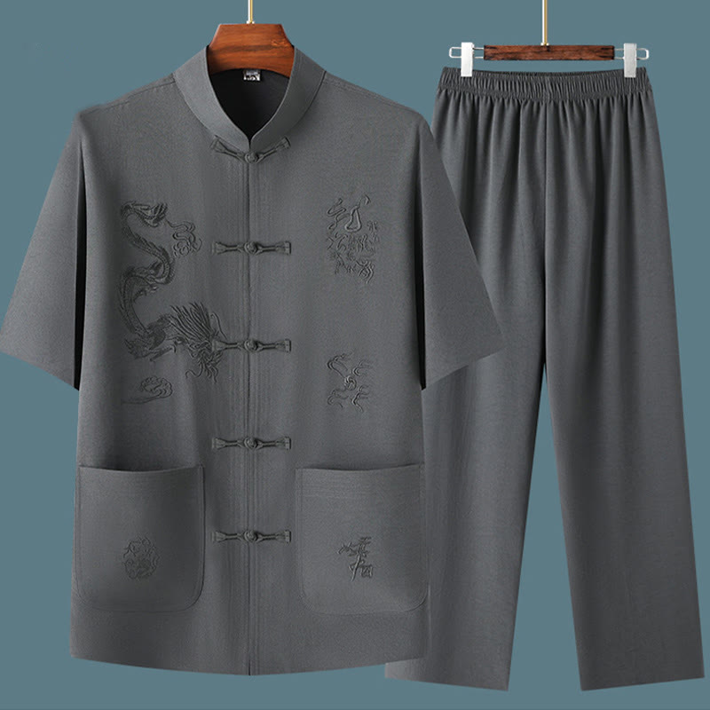 Traje Tang de Buddha Stones Hanfu dragón chino uniforme de kungfú tradicional camisetas y pantalones de manga corta conjunto de ropa para hombre