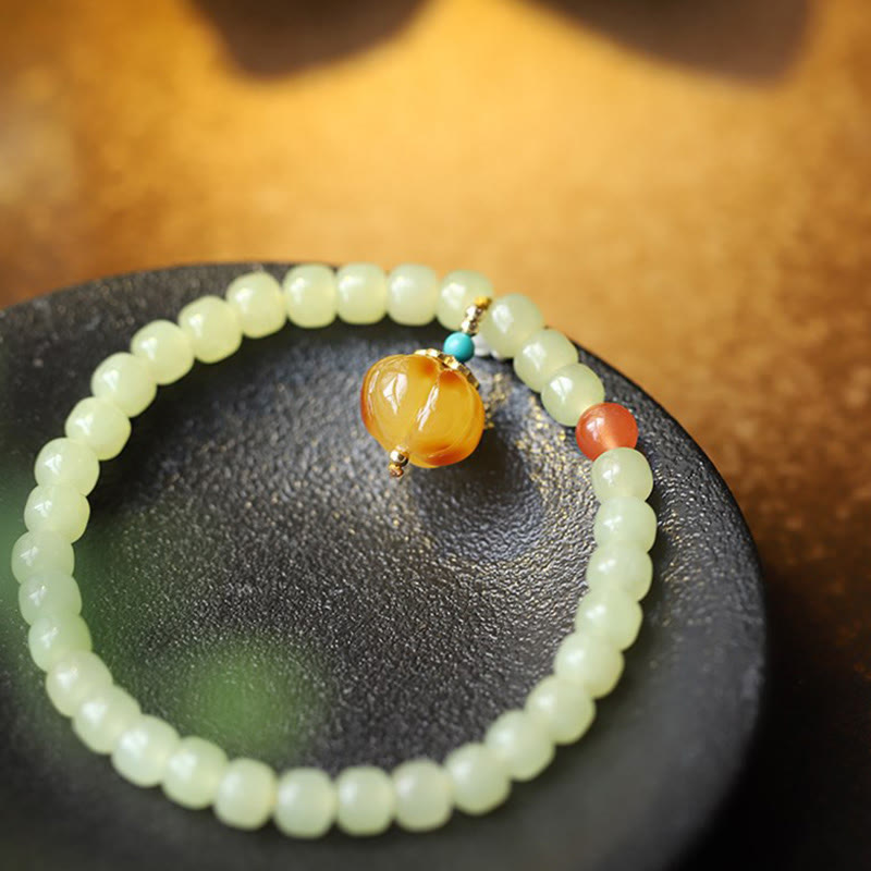 Pulsera de prosperidad de cristal de ágata roja ámbar calabaza de jade hetiano natural