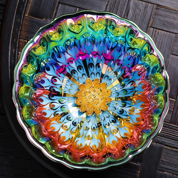 Taza de té de cerámica china Jianzhan colorida con diseño de pavo real vívido con incrustaciones de loto y Buddha Stones , taza de té de kung fu