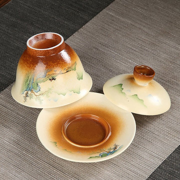 Taza de té y platillo con tapa, cerámica Gaiwan Sancai, paisaje de montaña, paisaje de montaña, Buddha Stones, Kung Fu - image 3