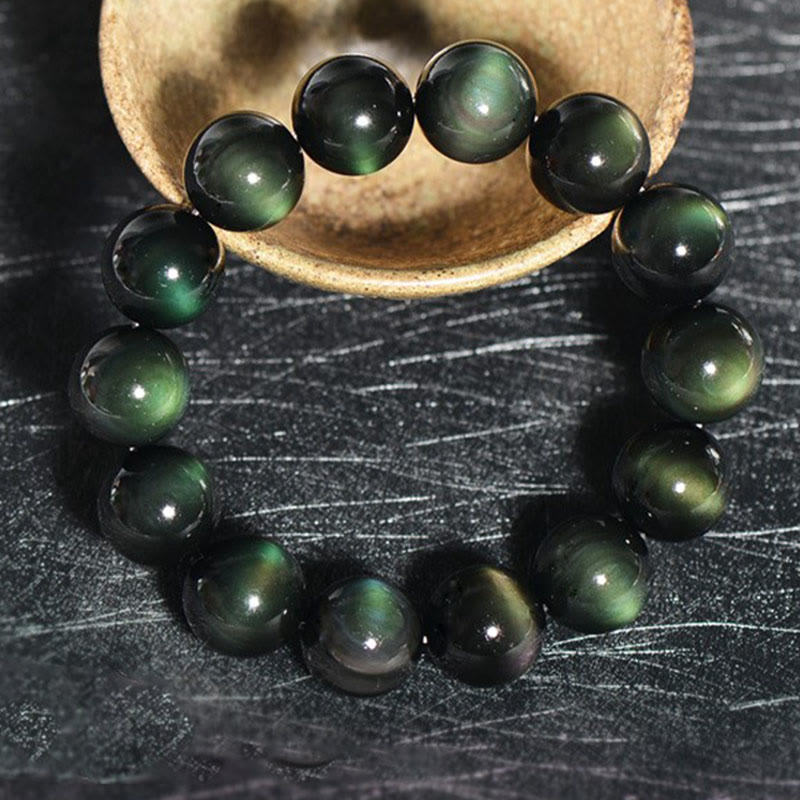 Pulsera de riqueza de obsidiana de ojo verde natural con Buddha Stones