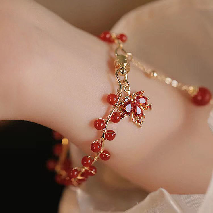 Pulsera con amuleto de la suerte de hoja de arce roja con Buddha Stones