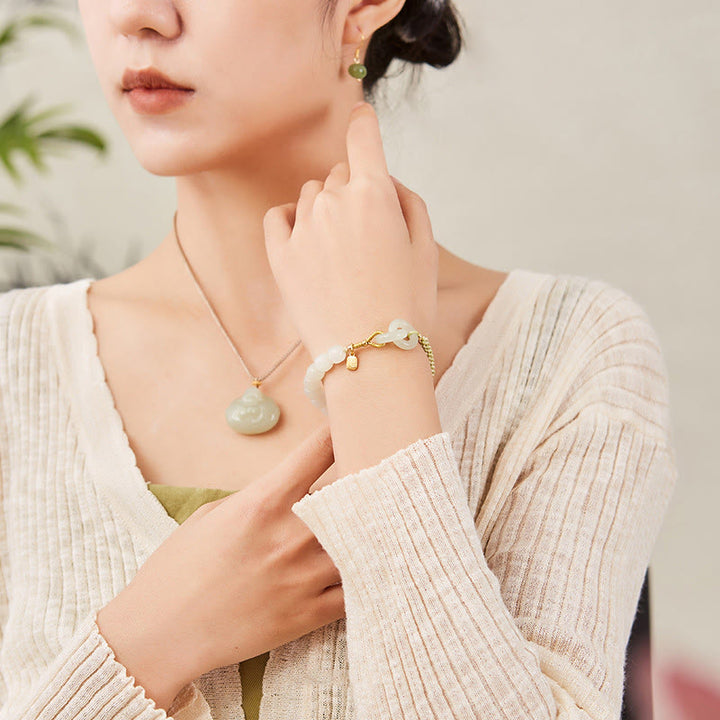 Pulsera trenzada con doble hebilla de paz y cuentas de jade hetiano natural, Buddha Stones, carácter Fu, abundancia