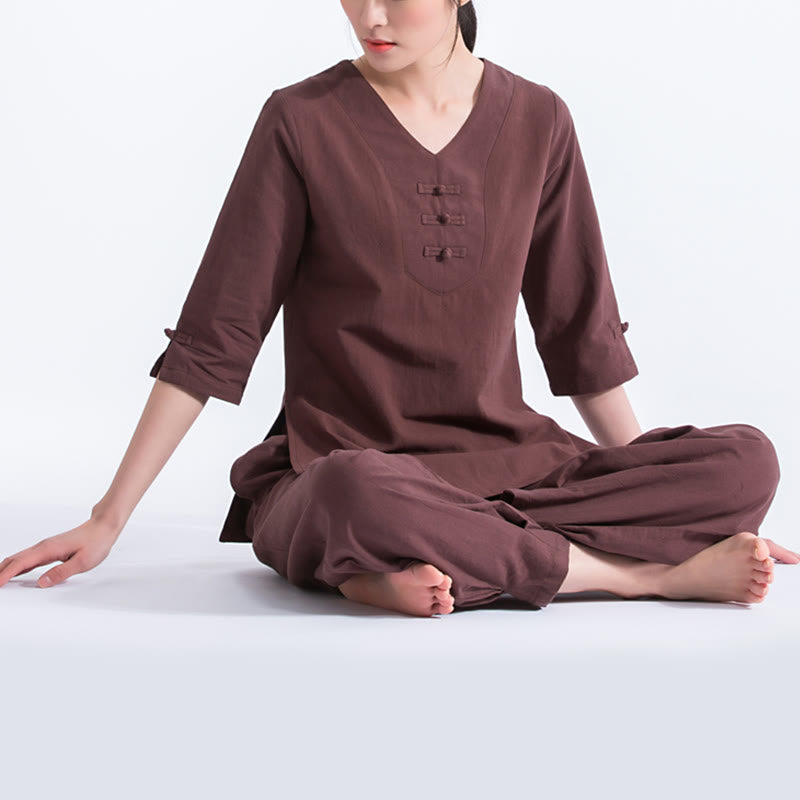 Conjunto de ropa de lino y algodón con diseño de cuello en V para mujer, uniforme de práctica Zen, Buddha Stones, Yoga, meditación y oración