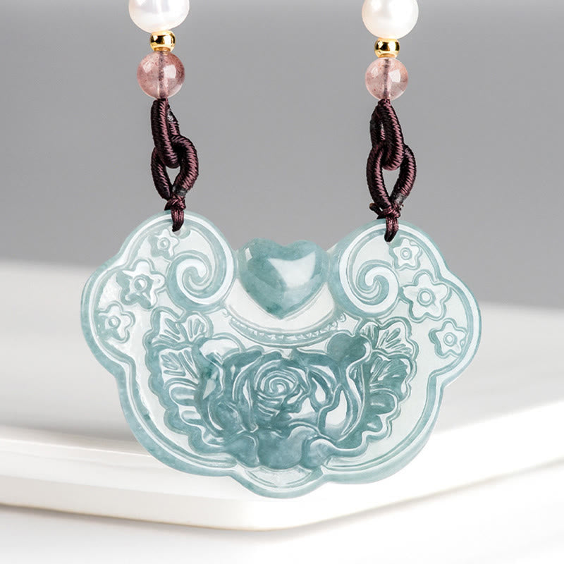 Buddha Stones Natural Jade Peonía Flor Candado de Buenos Deseos Prosperidad Collar Colgante