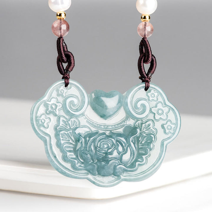 Buddha Stones Natural Jade Peonía Flor Candado de Buenos Deseos Prosperidad Collar Colgante