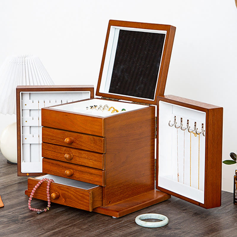 Caja de almacenamiento de joyería de madera de gran capacidad Vintage con Buddha Stones con espejo