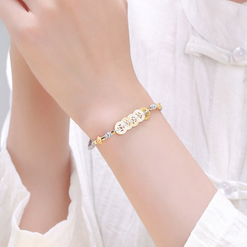 Pulsera trenzada de cuerda azul con Buddha Stones, moneda de cobre, árbol de la fortuna, perla, suerte