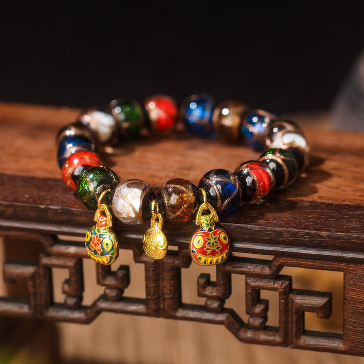 Pulsera de la suerte con cuentas de cristal Liuli, Buddha Stones, cinco elementos, oro, bestia tragadora, familia - Familia de bestias tragadoras pequeñas de color azul, rojo y dorado de Liuli Glass Bead & Glass Bead - 14 mm (15 cuentas) - image 5
