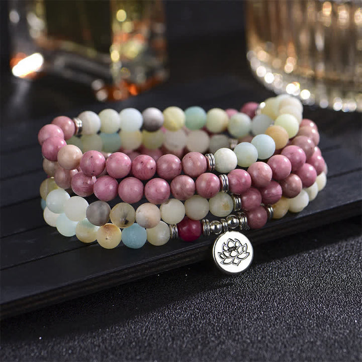 Buddha Stones Lazurita Jaspe Picasso Amazonita Rodonita Apatita Pulsera de cuentas de oración de loto positivo