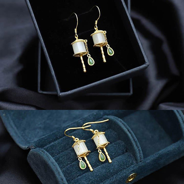 Pendientes colgantes de la suerte con rueda de oración de jade de plata de ley 925 con Buddha Stones