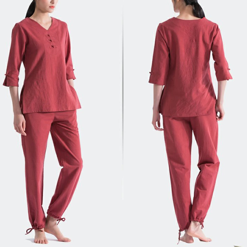 Conjunto de ropa de lino y algodón con diseño de cuello en V para mujer, uniforme de práctica Zen, Buddha Stones, Yoga, meditación y oración