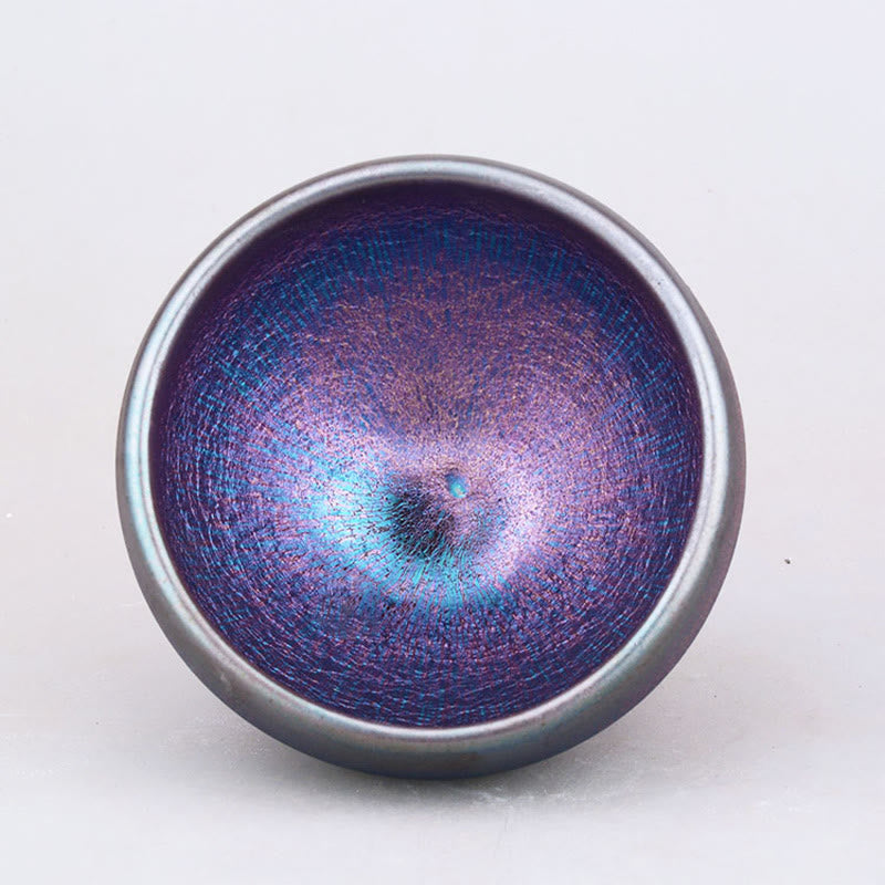 Taza de té de cerámica Jianzhan chino con diseño de arcoíris Aurora hecha a mano con Buddha Stones , taza de té Tenmoku Kung Fu