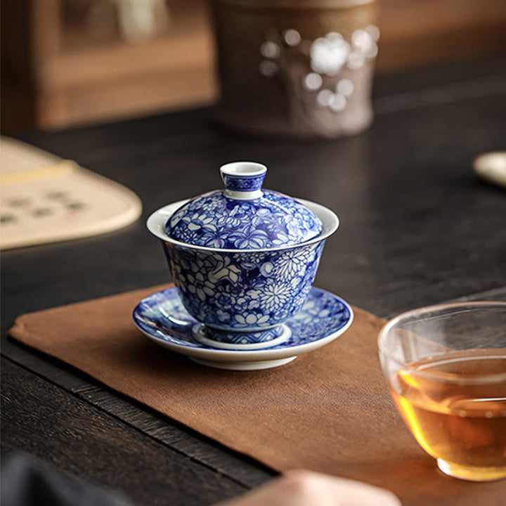 Taza de té y platillo de cerámica Gaiwan Sancai, porcelana azul y blanca Vintage, Buddha Stones , Kung Fu, con tapa