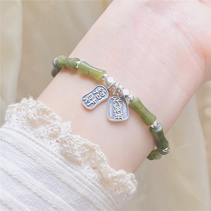 Pulsera de plata de ley 925 con Buddha Stones , bambú, jade, gato de la suerte, carácter Fu, suerte y abundancia - image 6