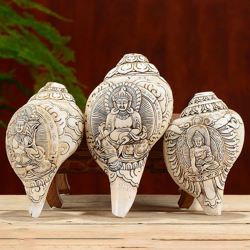 Concha tibetana hecha a mano grabada Shankha Buddha Avalokitesvara, decoración de riqueza - image 2