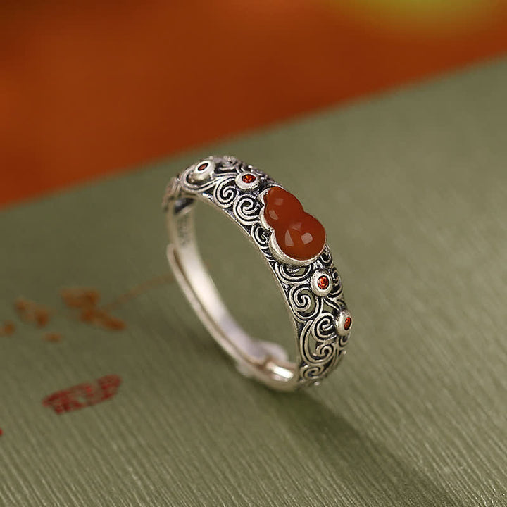 Anillo auspicioso de bendición de calabaza de jade cian de ágata roja de plata de ley 925 - Ágata roja (Confianza ♥Calma) - image 0