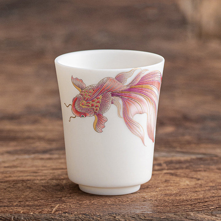 Taza de té de cerámica de porcelana blanca, pez Koi, Buddha Stones, taza de té de Kung Fu