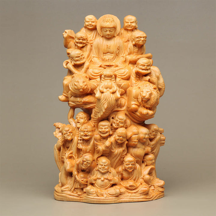 Buddha Stones hechas a mano Thuja Sutchuenensis madera dieciocho estatua de Arhats purifica la decoración