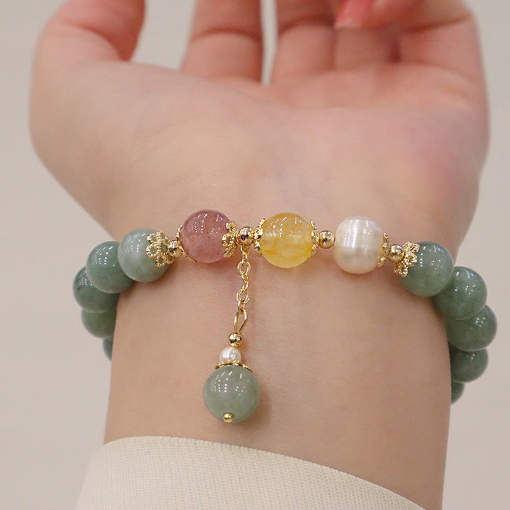 Buddha Stones Jade Perla Fresa Cuarzo Abundancia Suerte Pulsera con dijes de cuentas