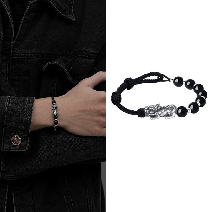 Buddha Stones, Plata de Ley 999, FengShui PiXiu, obsidiana negra Natural, pulsera resistente con cuentas de plata esterlina 925