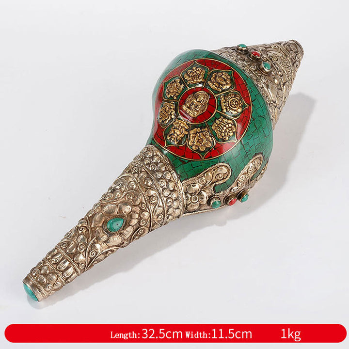 Tibetano hecho a mano Shankha Om Mani Padme Hum Buda Avalokitesvara turquesa Concha decoración positiva - Ocho símbolos auspiciosos - Sakyamuni 32,5 x 11,5 cm - image 19
