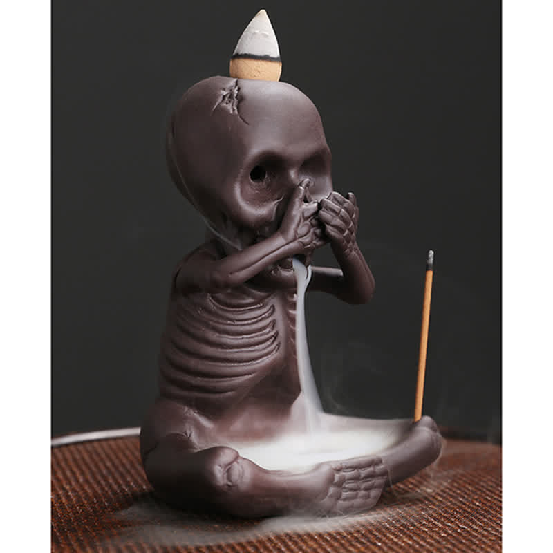 Buddha Stones, pequeño cráneo, fantasma, arcilla púrpura, reflujo de humo, fuente, decoración de quemador de incienso de paz
