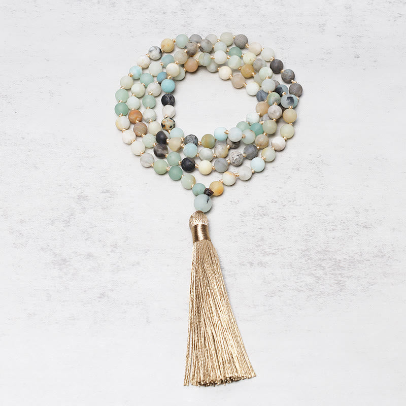 Pulsera Mala con borlas y cuentas de amazonita con 108 Buddha Stones