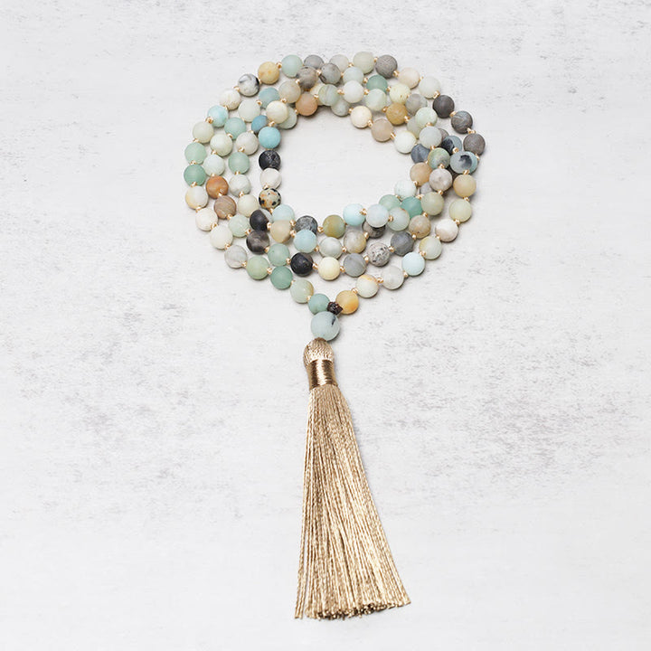 Pulsera Mala con borlas y cuentas de amazonita con 108 Buddha Stones