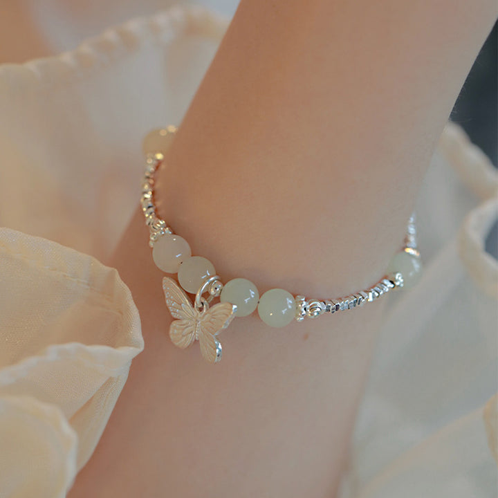 Pulsera con dije de mariposa de la suerte de jade hetiano natural de plata de ley 925 con Buddha Stones