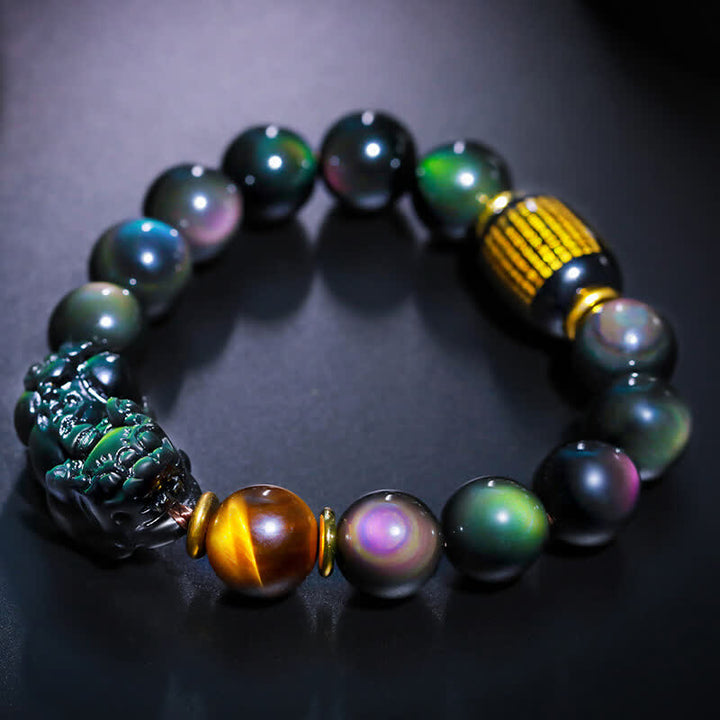 Pulsera positiva con Buddha Stones FengShui PiXiu, obsidiana arcoíris, ónix negro, ojo de tigre