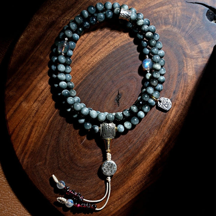 Buddha Stones Plata de Ley 925 108 Cuentas Mala Piedra Ojo de Águila Pulsera Positiva de Piedra Lunar