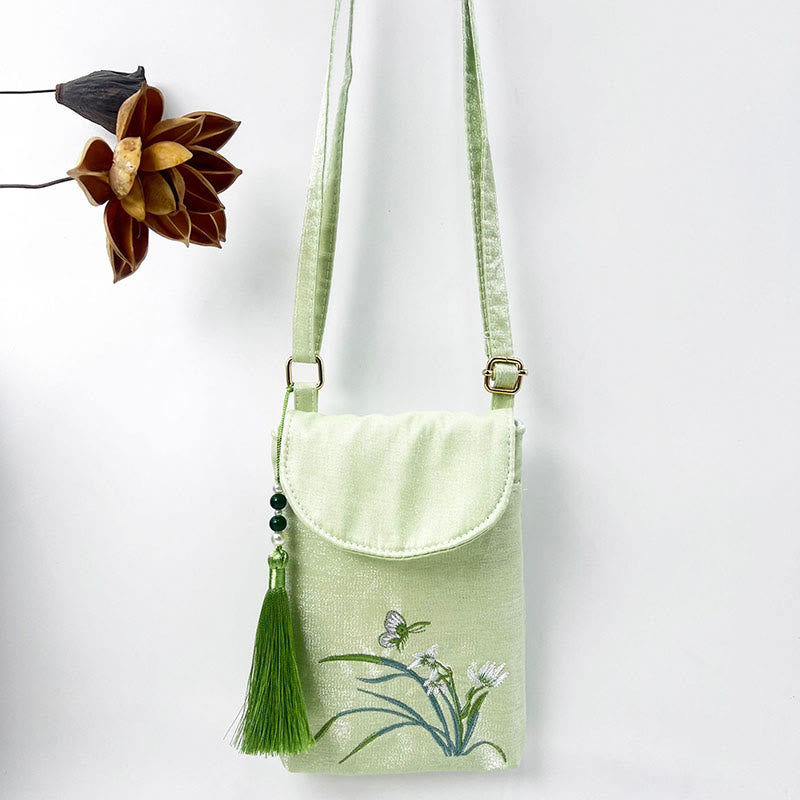 Bolso bandolera con flores bordadas pequeñas y Buddha Stones, bolso de hombro, bolso para móvil de doble capa