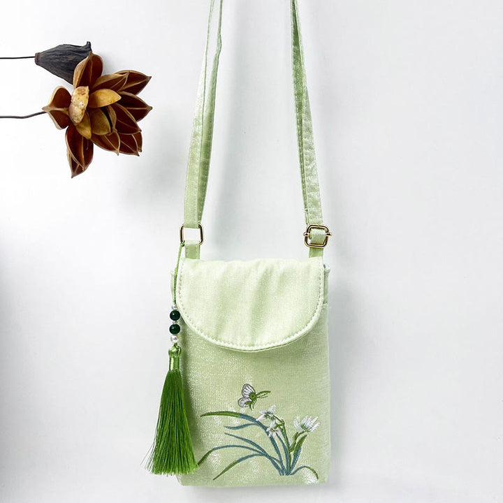 Bolso bandolera con flores bordadas pequeñas y Buddha Stones, bolso de hombro, bolso para móvil de doble capa