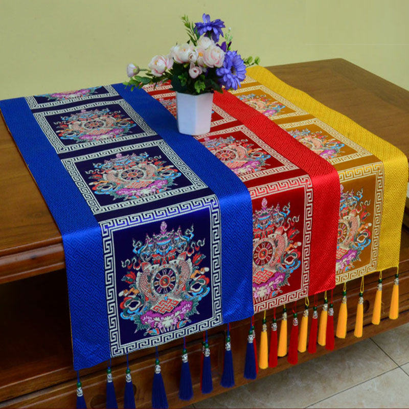 Tapete para altar de oración con Buddha Stones , Man-Bcu, Kalachakra, nudo sin fin, Vajra, símbolos propicios tibetanos, camino de mesa con borlas