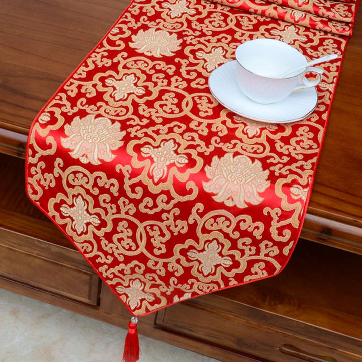 Camino de mesa Jacquard con borlas y símbolos propicios tibetanos con diseño de dragón Vajra y flores de altar de oración