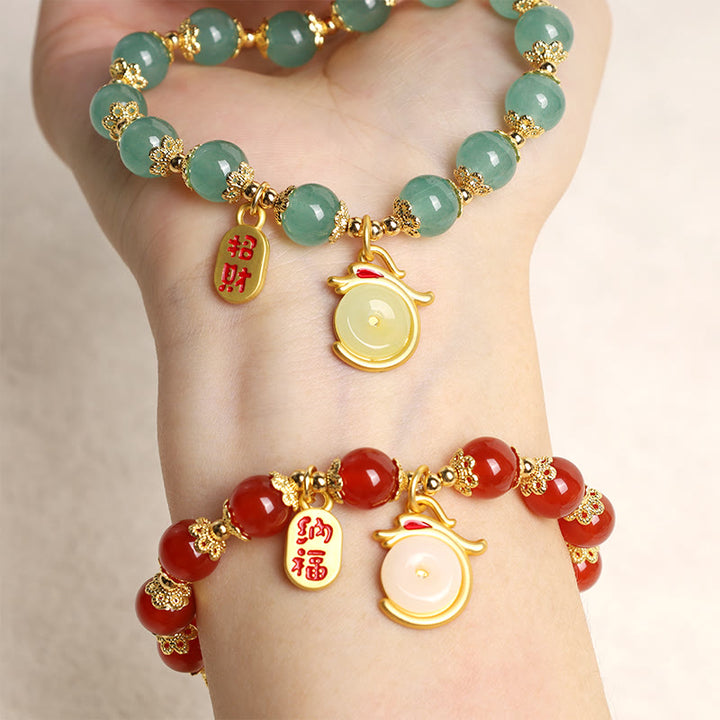 Buddha Stones Año del Dragón Ágata Roja Aventurina Verde Hebilla de la Paz Personaje Fu Pulsera de la Fortuna de la Suerte