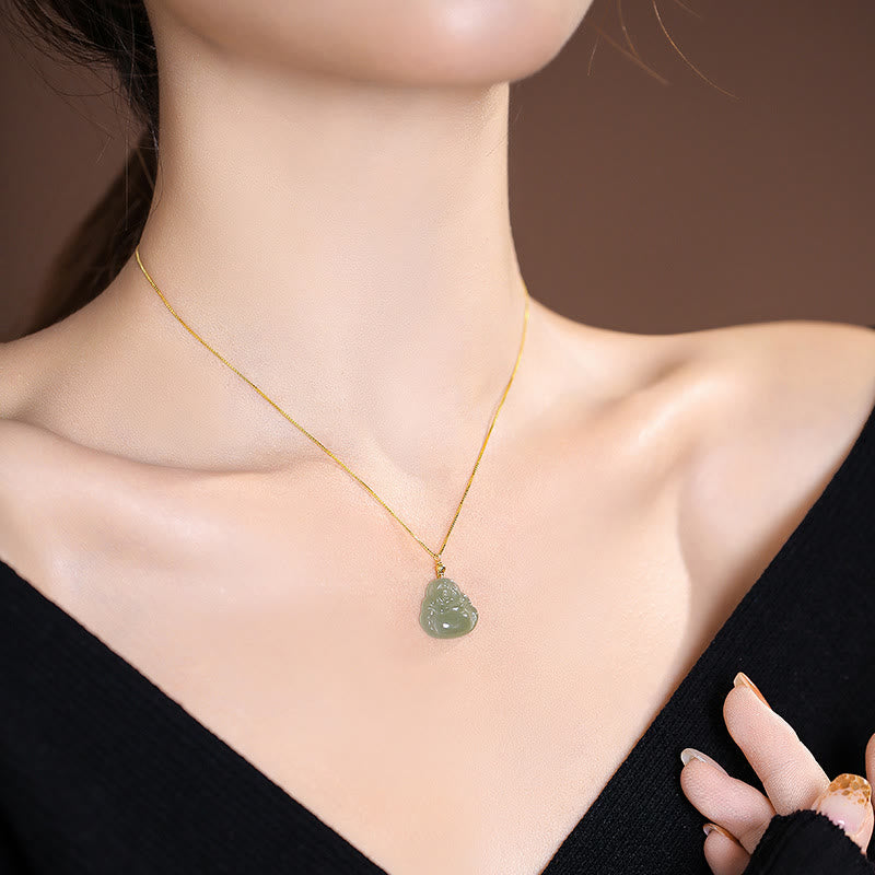 Plata de Ley 925 Natural Hetian Jade cian Jade suerte riendo Buda mariposa collar colgante - image 3