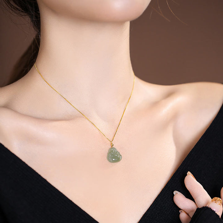 Plata de Ley 925 Natural Hetian Jade cian Jade suerte riendo Buda mariposa collar colgante - image 3