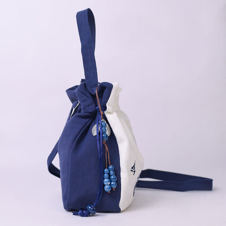 Bolso bandolera con Buddha Stones, bordado, mariposa, loto, magnolia, algodón y lino