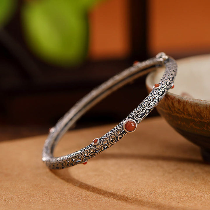Brazalete de pulsera de la suerte de cobre con ágata roja grabada con diseño de flor de la dinastía Tang Vintage