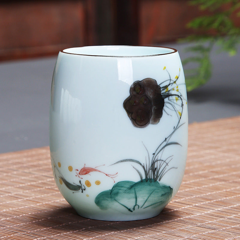 Taza de té de cerámica con Buddha Stones, pez Koi, paisaje de loto, diente de león, flor de peonía, taza de té de Kung Fu
