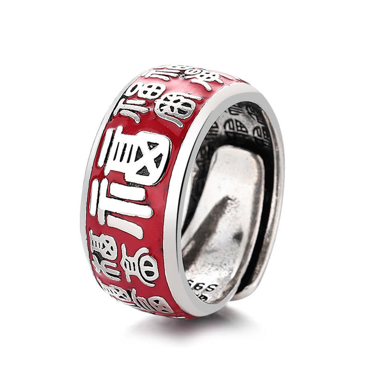 Anillo ajustable de cobre con diseño de personajes de Buddha Stones Fu Fortune Luck