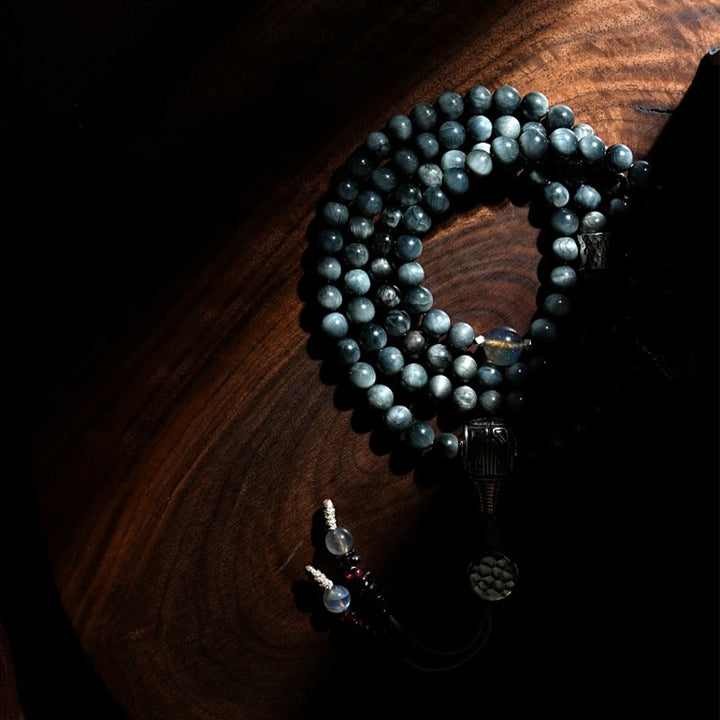 Buddha Stones Plata de Ley 925 108 Cuentas Mala Piedra Ojo de Águila Pulsera Positiva de Piedra Lunar