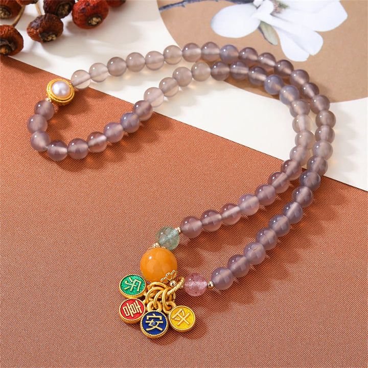 Pulsera de doble vuelta con dije de paz y alegría de ágata gris natural con Buddha Stones