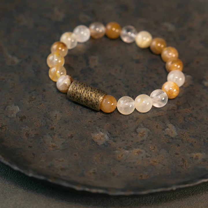 Buddha Stones Cristal blanco Cuarzo hematoide rojo Cuarzo rutilado dorado Pulsera de protección fantasma púrpura